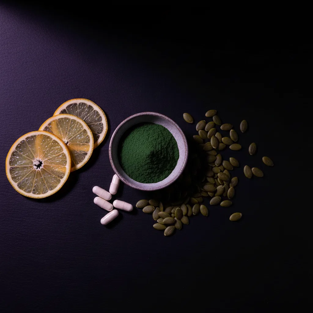 Botanische ingrediënten: spirulina, zink capsules, vitamine C, pompoenzaden op donker oppervlak