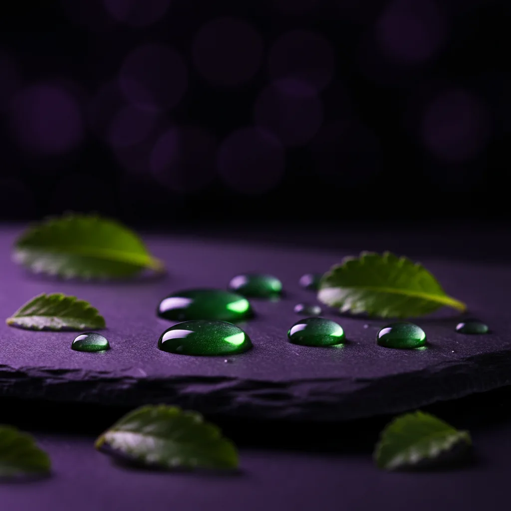 Macro close-up van groene plantaardige extract druppels op leisteen