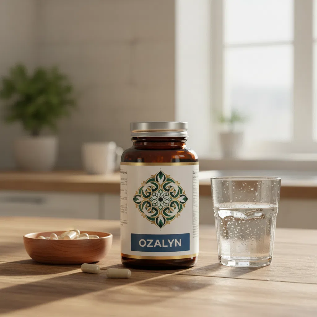 Ozalyn supplement fles op donker marmer met botanische bladeren en glas water